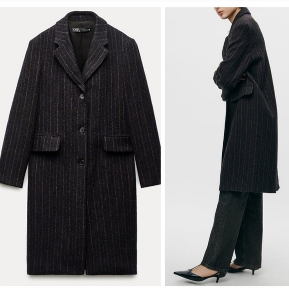 New Zara Manteco Wool Striped Coat ZW Collection 8912/760 Size XL - Picture 4 of 17